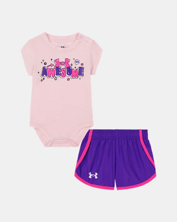 UA Awesome Logo Newborn Girls Bodysuit & Woven Microfiber Shorts Set