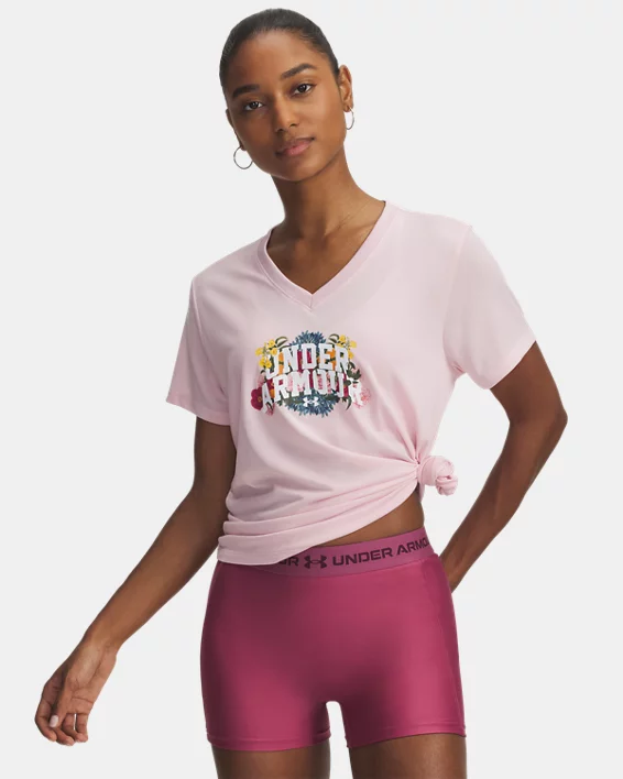 UA Tech Watercolor Graphic Womens V-Neck Short Sleeve